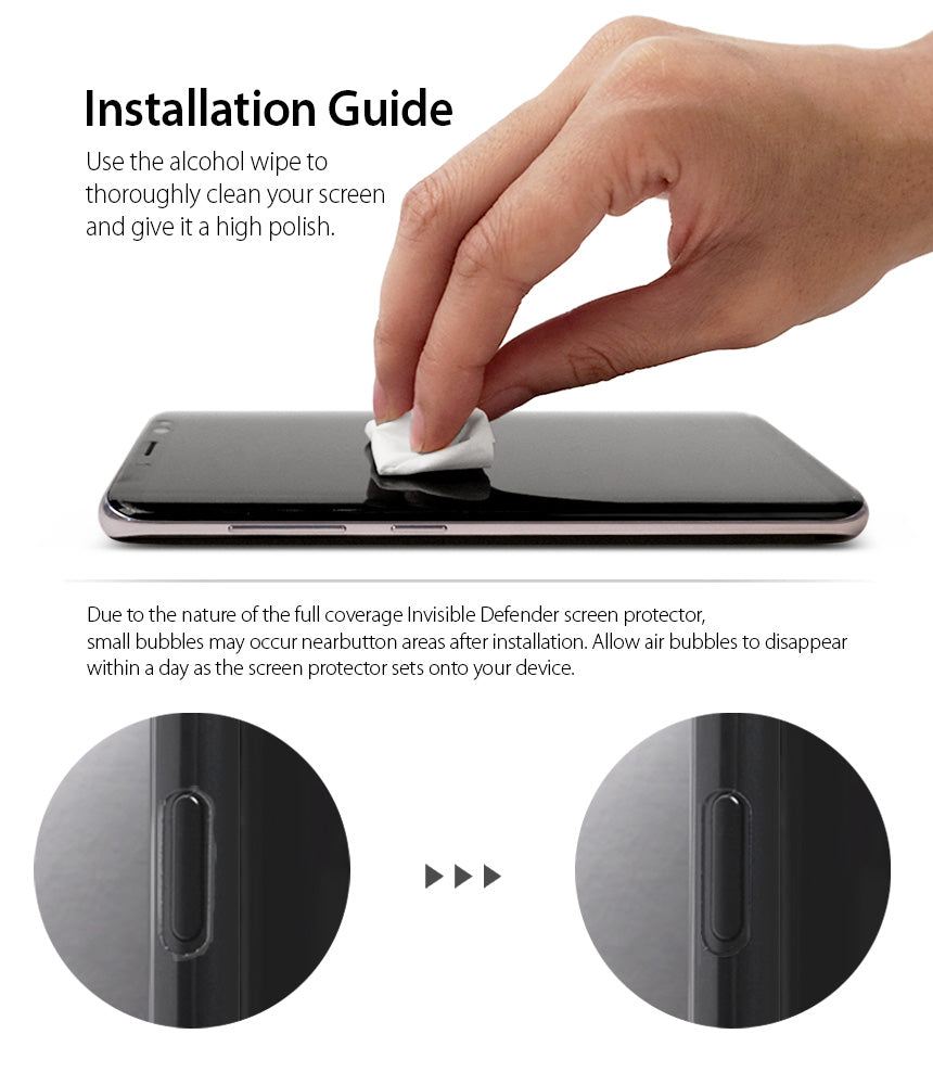Galaxy S9 Plus Screen Protector | Full Cover (3P) - Galaxy S9 Plus Screen Protector - Hand cleaning phone screen with wipe, with close-ups showing bubble removal near buttons.