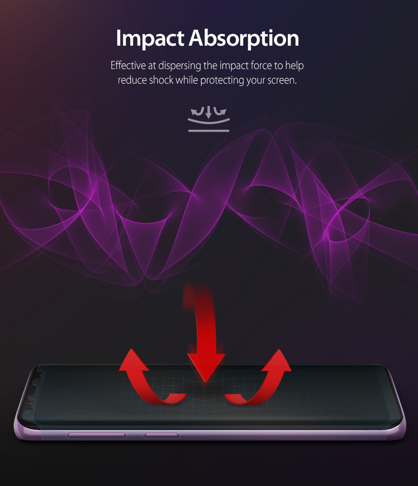 Galaxy S9 Plus Screen Protector | Full Cover (3P) - Smartphone screen with red arrows showing impact force dispersion.