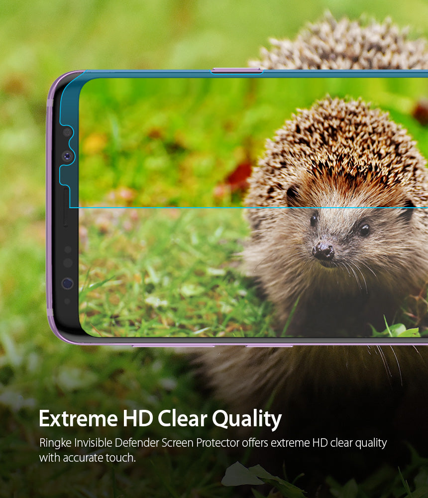 Galaxy S9 Plus Screen Protector | Full Cover (3P) - Galaxy S9 Plus Screen Protector - Close-up of a phone screen showing a clear protector overlaying a hedgehog image.