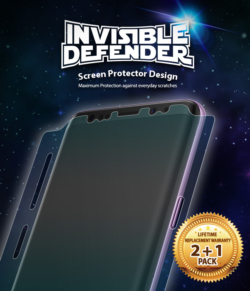 Galaxy S9 Plus Screen Protector | Full Cover (3P) - Invisible Defender screen protector film over a Galaxy S9 Plus.