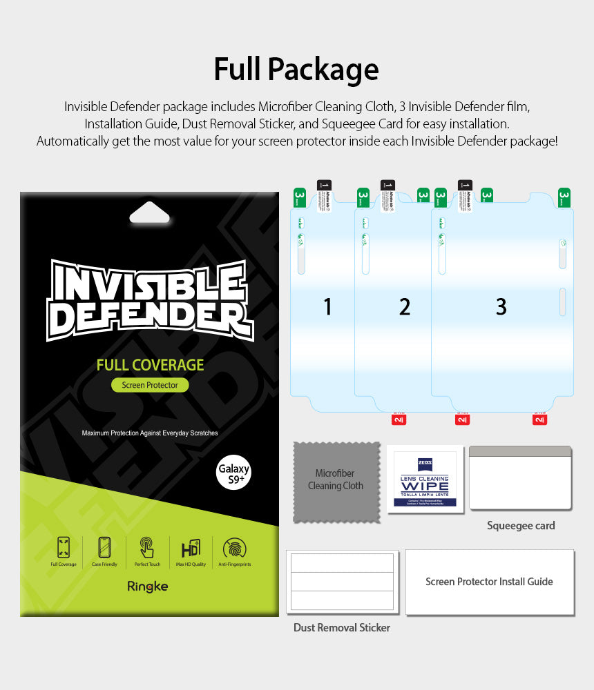 Galaxy S9 Plus Screen Protector | Full Cover (3P) - Package contents showing three screen films, cloth, wipe, card, and guide.