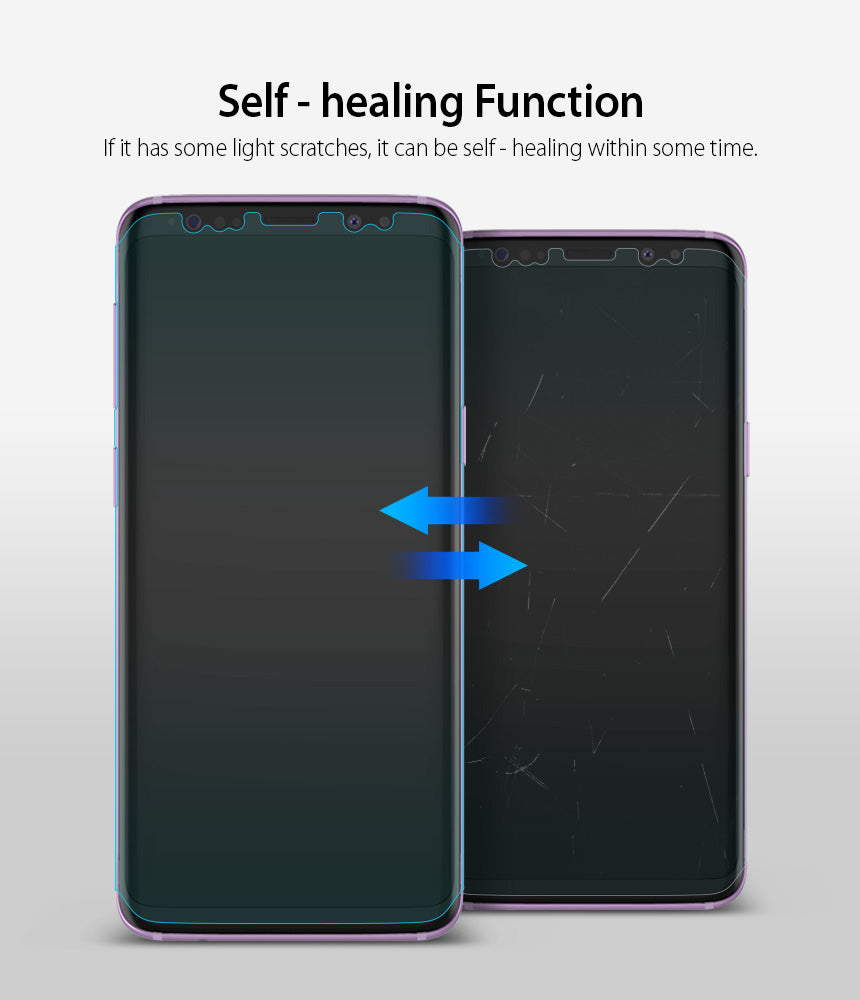 Galaxy S9 Plus Screen Protector | Full Cover (3P) - Galaxy S9 Plus Screen Protector - Two phones showing a screen protector healing from scratches with blue arrows.
