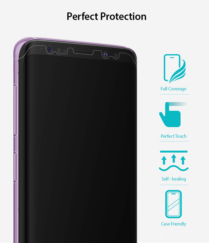 Galaxy S9 Plus Screen Protector | Full Cover (3P) - Phone with screen protector and icons for coverage and features.