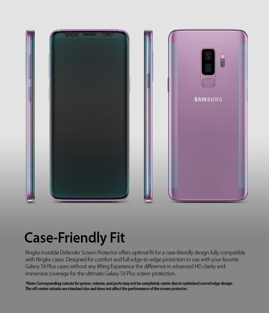 Galaxy S9 Plus Screen Protector | Full Cover (3P) - Front, side, and back views of a purple Galaxy S9 Plus with a screen protector.