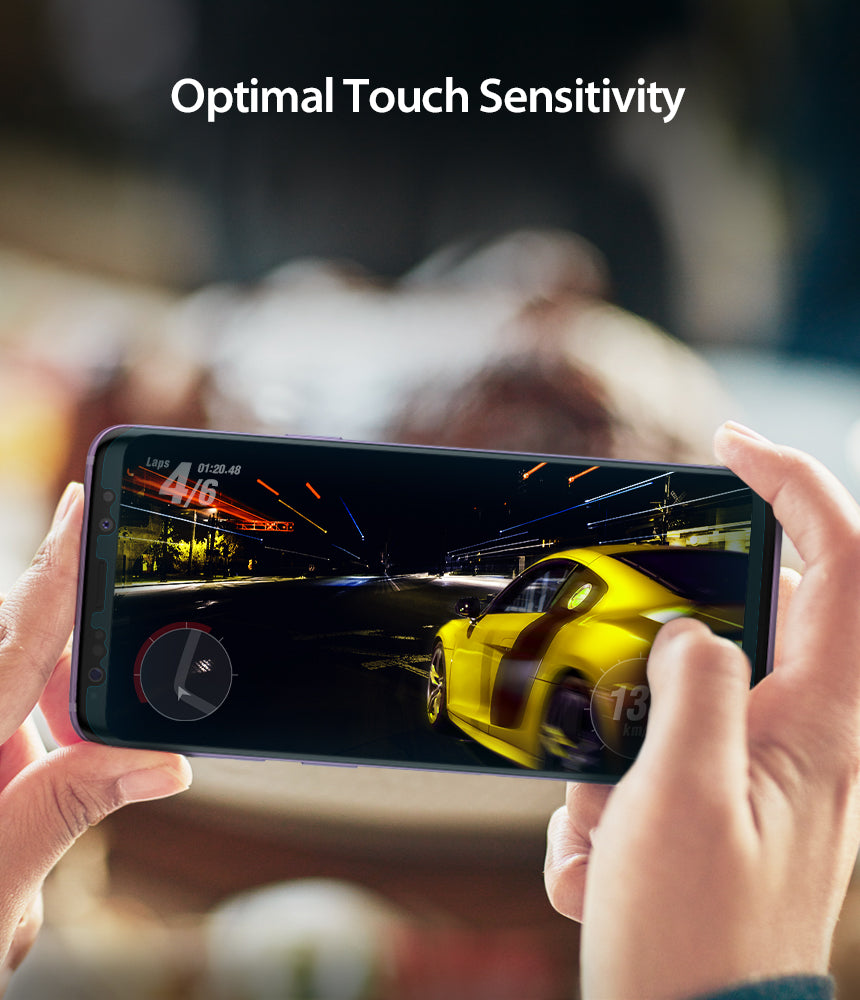 Galaxy S9 Plus Screen Protector | Full Cover (3P) - Galaxy S9 Plus Screen Protector - Hands holding a phone playing a racing game with the text Optimal Touch Sensitivity.
