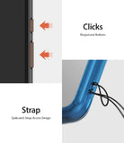 Google Pixel 3a XL Case | Fusion - Close-up of responsive phone buttons and a blue case corner with a lanyard strap attached.
