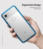 Google Pixel 3a XL Case | Fusion - Hand holding a Google Pixel 3a XL in a clear case with a blue bumper frame.