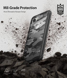 Google Pixel 3a XL Case | Fusion - Camo phone case hovering over dirt with military-grade protection text and icons.