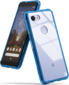 Google Pixel 3a XL Case | Fusion - Clear phone case with blue bumper on a Google Pixel 3a XL showing front and back.