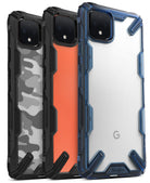 Google Pixel 4 XL Case | Fusion-X - Three rugged phone cases in camo, orange, and clear blue designs on white backgrounds.