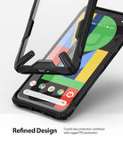 Google Pixel 4 XL Case | Fusion-X - A rugged black TPU frame hovering over a Pixel 4 XL phone with a clear back panel.