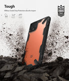 Google Pixel 4 XL Case | Fusion-X - Black rugged phone case with clear back standing in dirt with impact debris.