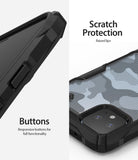 Google Pixel 4 XL Case | Fusion-X - Close-up of black phone case showing responsive side buttons and camo back with raised camera lips.