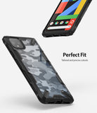 Google Pixel 4 XL Case | Fusion-X - Camo black protective phone case with precise cutouts shown on a Google Pixel 4 XL.
