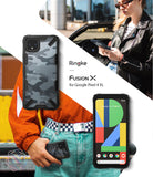 Google Pixel 4 XL Case | Fusion-X - Camo black protective phone case shown from back and front on a person in urban attire.