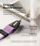 Hand Strap | Basic - Diagram showing a purple Ringke hand strap with labeled end strap, buckle base, and strap components.