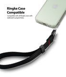 Hand Strap | Black / Neon Orange - Black hand strap attached to a smartphone case with text about QuikCatch compatibility.