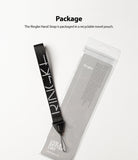 Hand Strap | Lettering - Black hand strap with white Ringke logo next to its clear, branded recyclable packaging pouch.