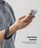Hand Strap | Lettering - Person wearing a black branded wrist strap while holding a smartphone to prevent accidental drops.