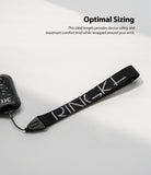 Hand Strap | Lettering - Black wrist strap with white Ringke branding attached to a remote control on a white background.