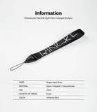 Hand Strap | Lettering - Black Ringke hand strap with white lettering and a specification table on a white background.