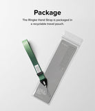 Hand Strap | Basic - A green fabric hand strap with a black connector inside a clear, branded recyclable travel pouch.