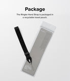 Hand Strap | Basic - A black fabric hand strap with a loop connector next to its branded, recyclable clear plastic packaging.