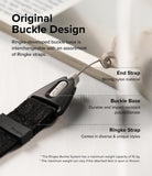 Hand Strap | Basic - Diagram showing the Ringke buckle system with labeled end strap, buckle base, and fabric strap.