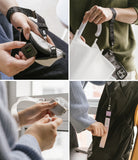 Hand Strap | Basic - Four-panel collage showing versatile hand straps attached to a pouch, phone, earbuds case, and backpack.