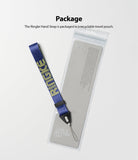 Hand Strap | Lettering - Blue fabric hand strap with yellow lettering resting on a clear plastic product pouch.