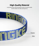 Hand Strap | Lettering - Blue nylon and polyester hand strap with yellow woven lettering, labeled to show material composition.