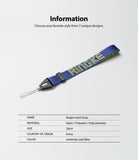 Hand Strap | Lettering - Blue nylon hand strap with yellow lettering and a black plastic connector on a white background.