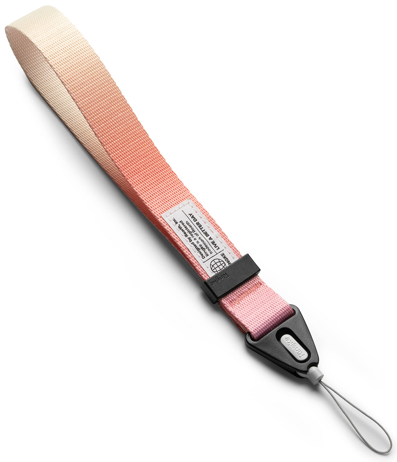 Hand Strap | Basic - Pink and cream woven fabric wrist strap with a black plastic connector and a thin grey loop.