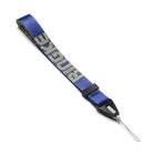 Hand Strap | Lettering - Blue fabric strap with yellow text, black plastic buckle, and a thin cord loop attachment.