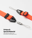 Hand Strap | Black / Neon Orange - Neon orange twill webbing strap with black plastic buckles and detachable gray connectors.