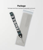 Hand Strap | Lettering - A grey Ringke hand strap with white lettering resting on its clear, recyclable product packaging.