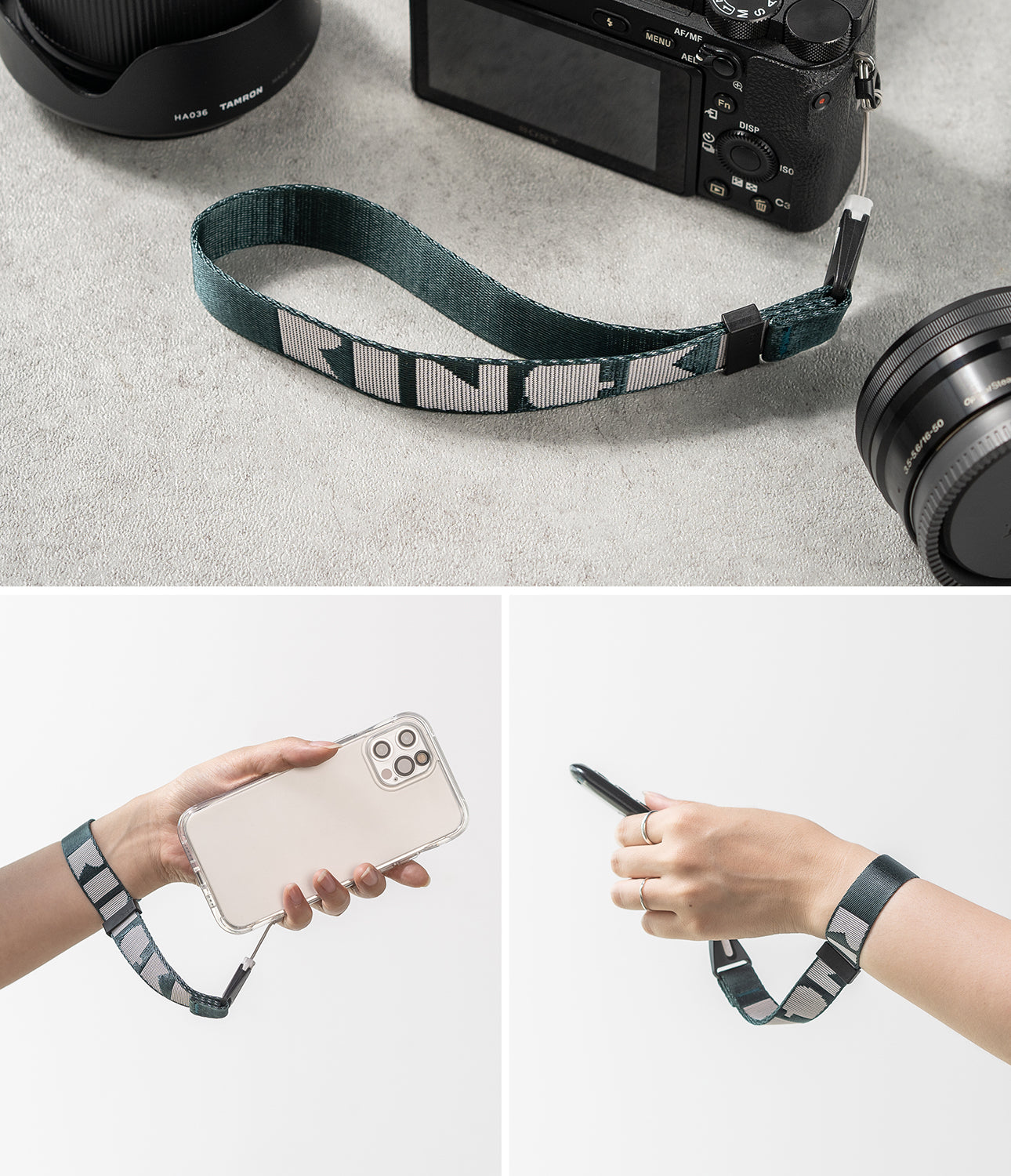 Hand Strap | Lettering - Dark green woven hand strap with white Ringke lettering attached to a camera and smartphone.