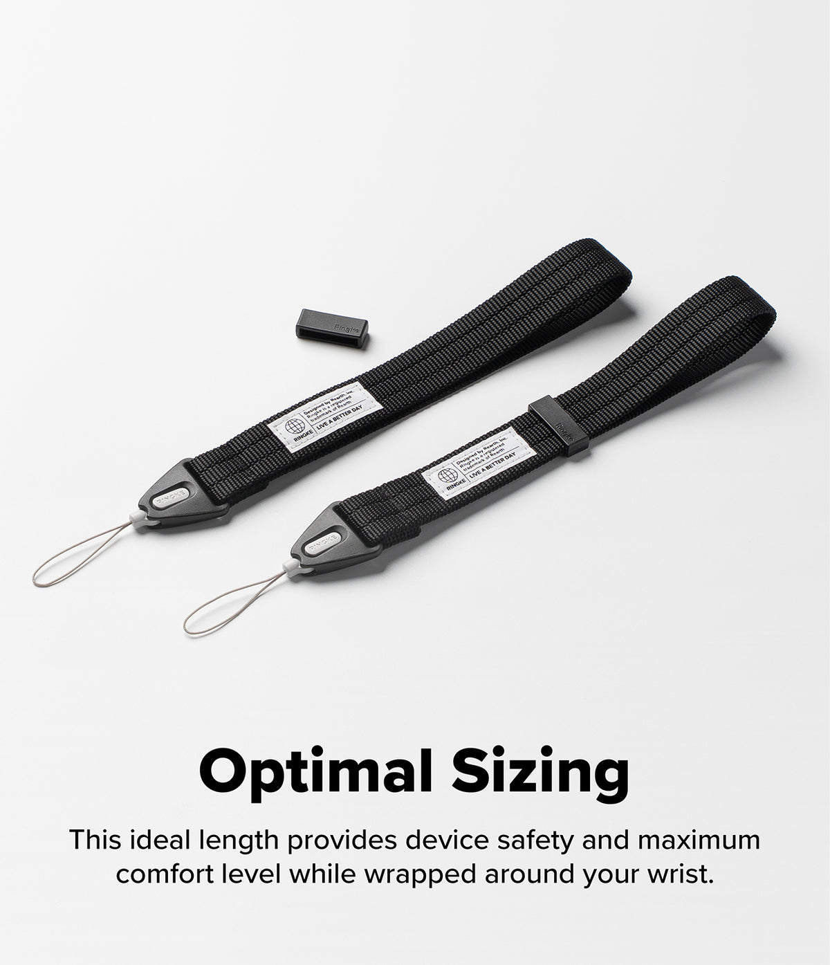 Hand Strap | Basic - Two black wrist strap devices with metal loops and white labels, displayed on a light gray background with the text 'Optimal Sizing' and a descriptive subtitle below.