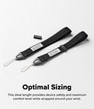 Hand Strap | Basic - Two black wrist strap devices with metal loops and white labels, displayed on a light gray background with the text 'Optimal Sizing' and a descriptive subtitle below.