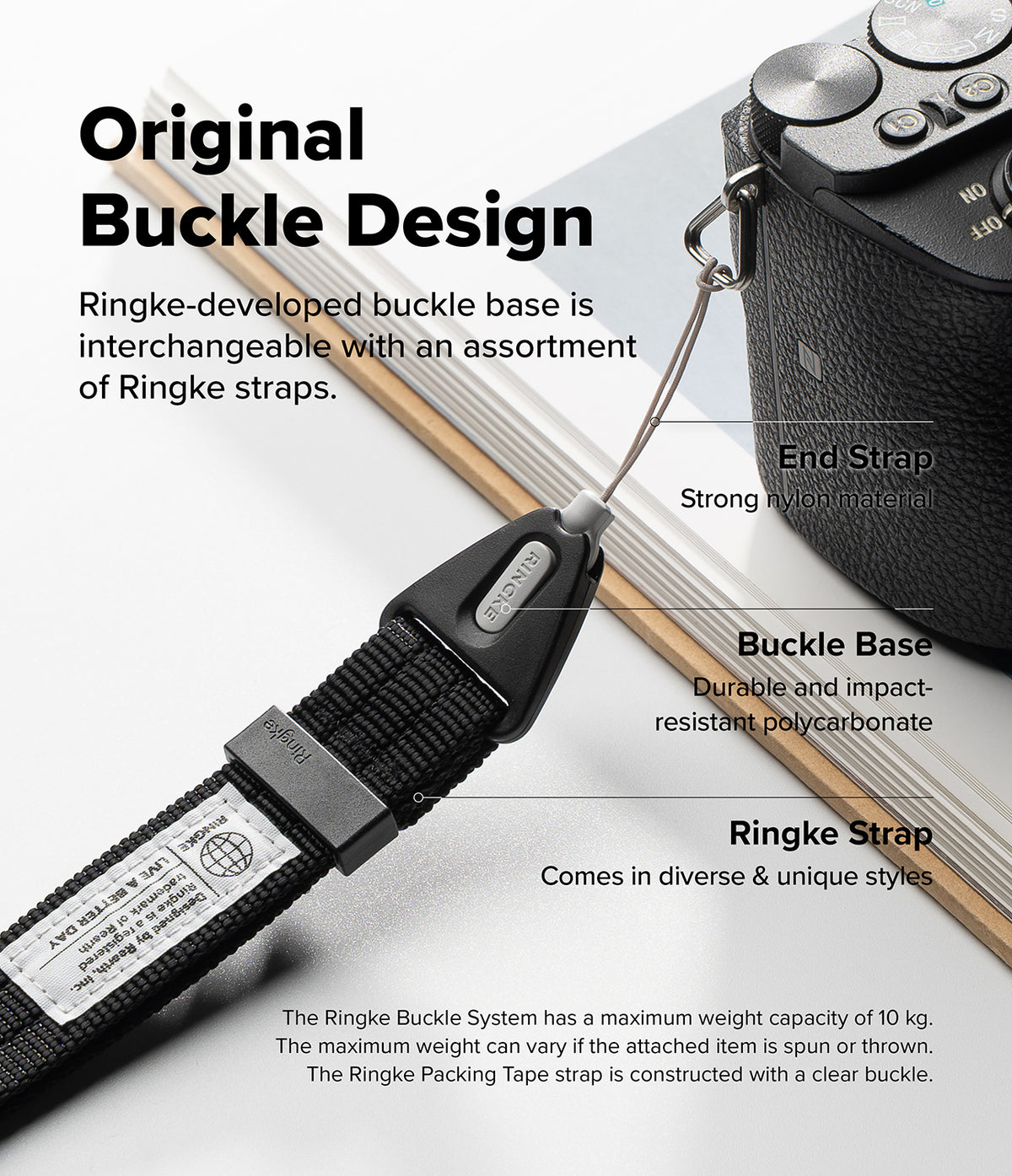 Hand Strap | Basic - A close-up product graphic showing a camera strap attached to a camera body, with overlaid text explaining the Ringke buckle design and strap components on a white background.