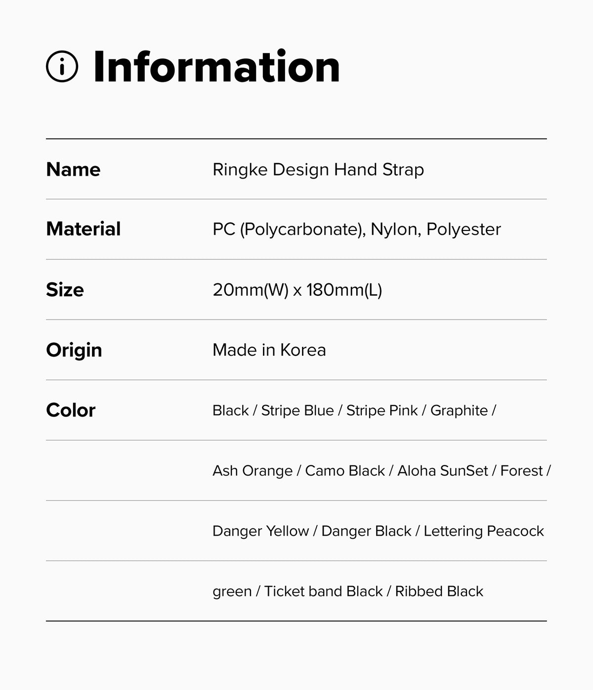 Hand Strap | Basic - A white information card with black text listing details for a Ringke Design Hand Strap, including material, size, origin, and available color options.