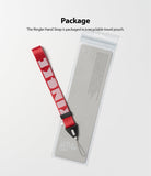 Hand Strap | Lettering - Red fabric hand strap with white Ringke lettering resting on a clear, branded product packaging pouch.