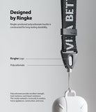 Hand Strap | Lettering - Close-up of a black branded hand strap with a durable polycarbonate buckle attached to a white case.