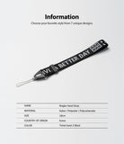 Hand Strap | Lettering - Black fabric hand strap with white text, plastic connector, and loop, shown with product specs.