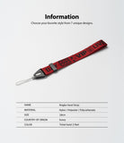 Hand Strap | Lettering - Red fabric wrist strap with black lettering and a black plastic connector on a white background.