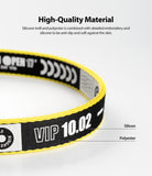 Hand Strap | Lettering - Black and yellow fabric strap with white text reading VIP 10.02, highlighting silicone and polyester.