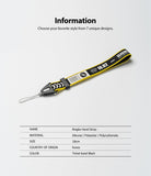 Hand Strap | Lettering - A black and yellow fabric hand strap with white text, featuring a black plastic connector and loop.