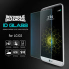 LG G5 Screen Protector | Invisible Defender Glass - LG G5 Screen Protector - Tempered glass film hovering over an LG G5 phone with feature icons on a black background.