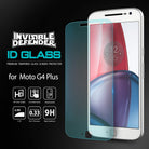 Moto G4 Plus Screen Protector | Glass - Tempered glass screen protector floating in front of a white Moto G4 Plus phone.