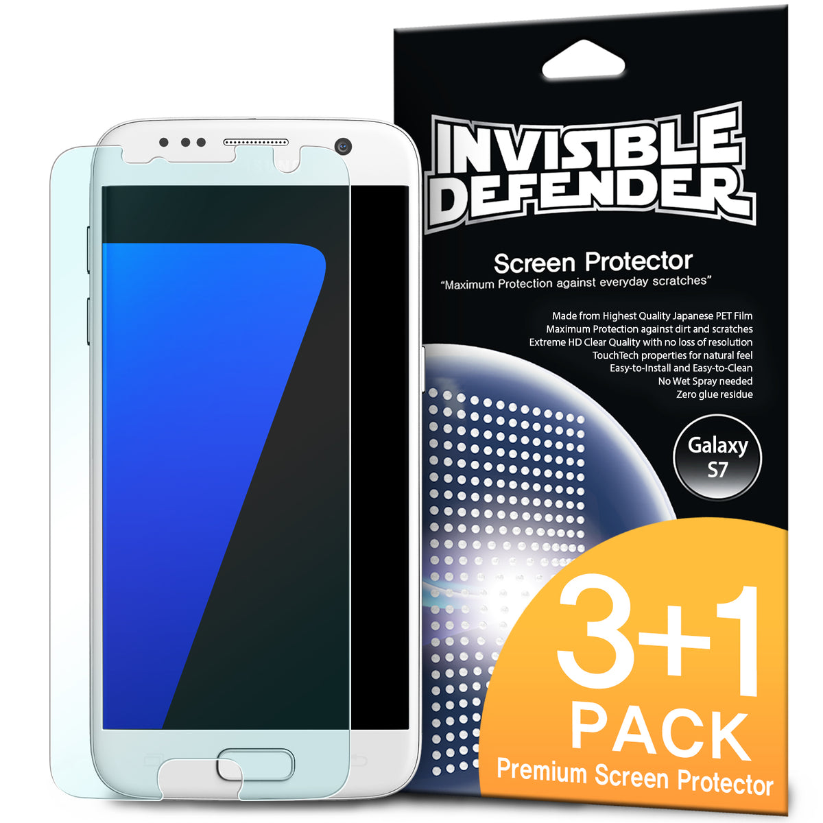 Galaxy S7 Screen Protector | Film (4P) - Transparent screen protector film overlaying a white Galaxy S7 smartphone.